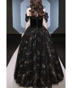 Robe de bal noire en tulle pailleté et sequins, coupe trapèze, épaules dénudées, référence Y8034