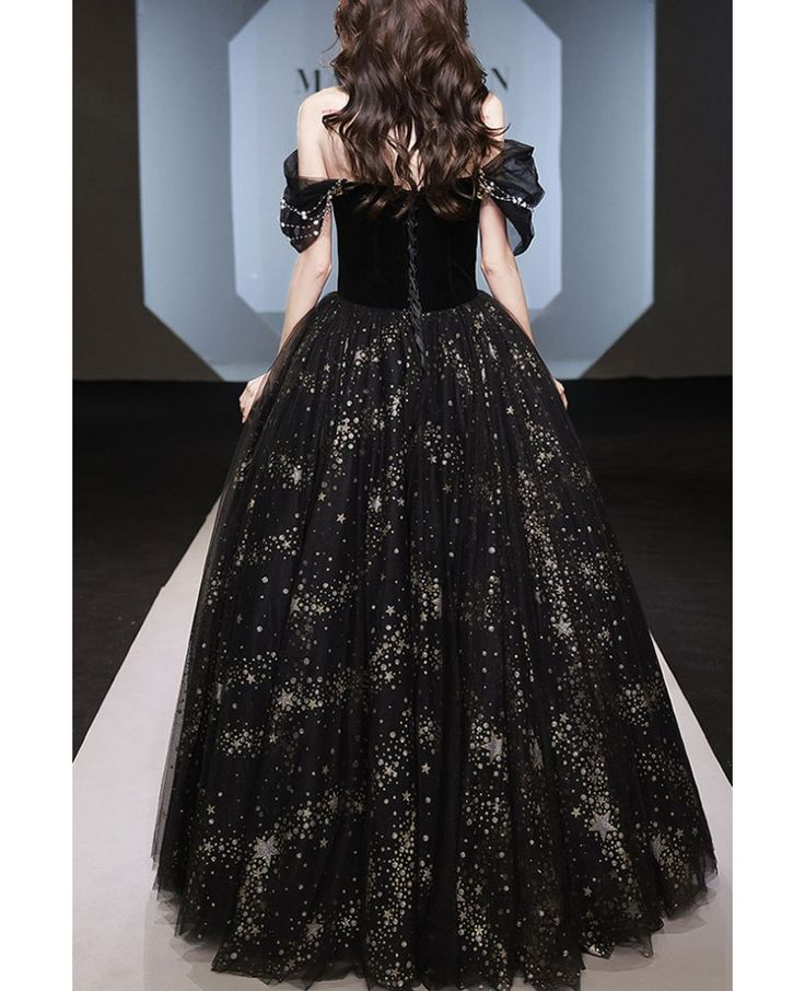 Vestido de baile de corte A con lentejuelas y tul brillante, escote barco, negro, modelo Y8034