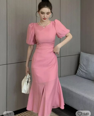 Classy Pink Puff Sleeves Mid-length Prom Dress Pink Evening Dress Y7113