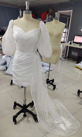 Vestido de novia corto con mangas abullonadas, escote corazón, brillante, moderno, ideal para damas de honor o para fiestas (modelo Y1208)