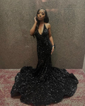 Robe de soirée sirène longue à sequins, dos nu et col en V, avec traîne balayée Y5939
