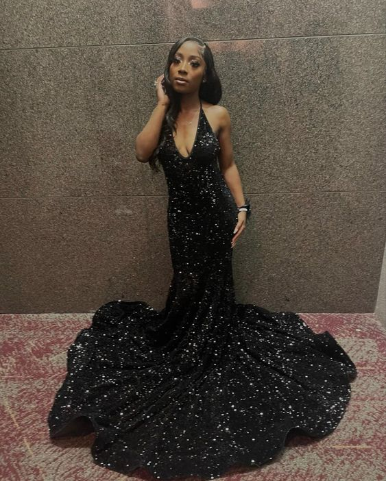 Robe de soirée sirène longue à sequins, dos nu et col en V, avec traîne balayée Y5939