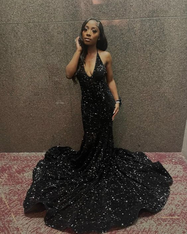 Vestido largo de noche de sirena con lentejuelas, escote halter en V, espalda descubierta y cola de barrido Y5939