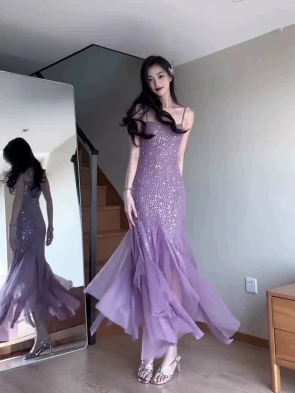 Vestido de noche de sirena sexy con tirantes finos, de gasa morada con cuentas, estilo Y7812