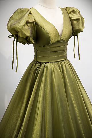 Robe de bal longue en tulle vert à col en V, robe de soirée trapèze Y898