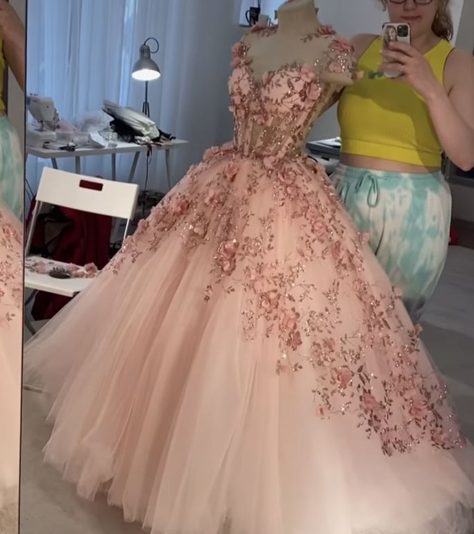 Vestido de baile con apliques de flores rosa rubor, vestido de tul corte A para graduación, vestido de quinceañera Y388
