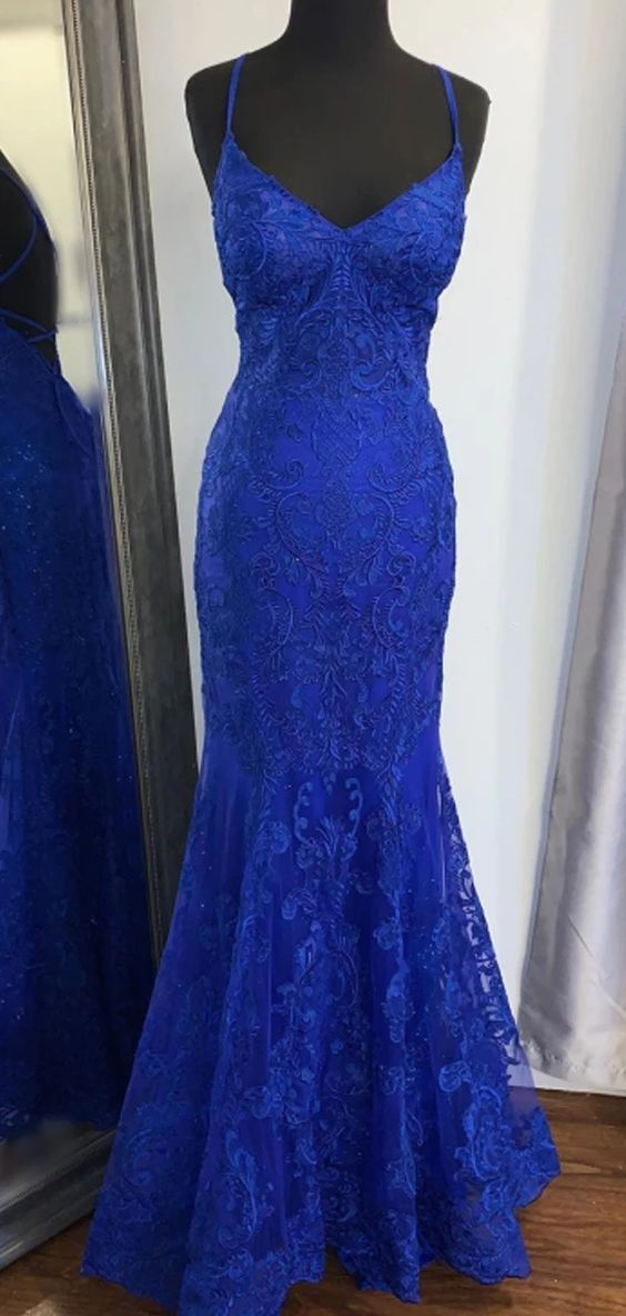 Robe de soirée sirène élégante en dentelle bleu roi à col en V Y819
