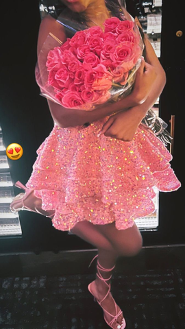 Robe de cocktail rose à paillettes et dos nu, coupe trapèze, modèle Y4245