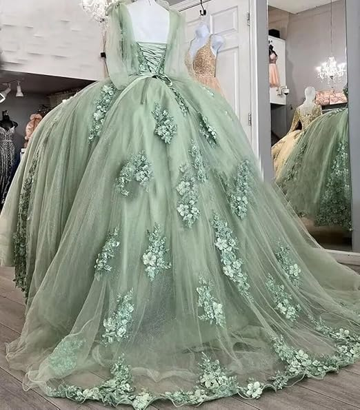Precioso vestido de quinceañera verde salvia con corsé sexy y hombros descubiertos Y1924