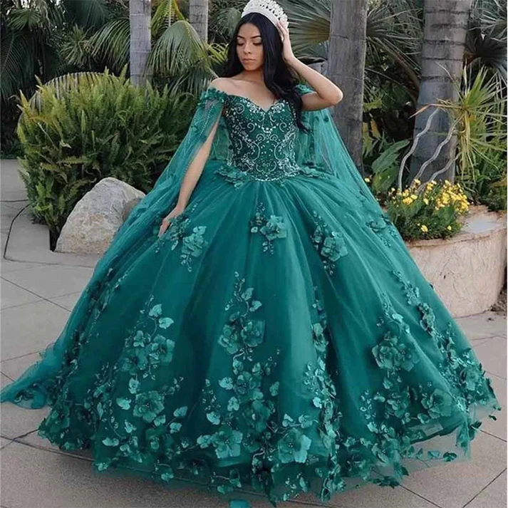 Vestido de quinceañera princesa con hombros descubiertos, escote corazón, pedrería con flores 3D, vestido de baile, capa de tul, Robe De Soirée Y4334