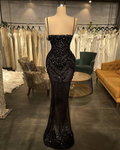 Nouvelles robes de bal noires sexy, robes de cocktail sirène à cristaux scintillants, robes de plage à fines bretelles pour femmes Y4694