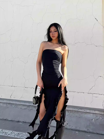 Robe de soirée noire chic sans bretelles, robe de soirée noire Y1929