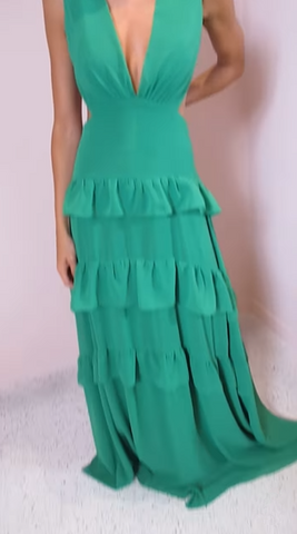 Emerald Green Deep V Neck Layered Ruffles Evening Dress Backless Long Prom Dress Y8386