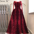 Velvet Wine Red Evening Dresses Long Sleeves Luxury Design Beading  Formal Dress 2025 Plus Size LA60903