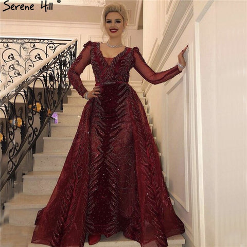Vestido de noche de terciopelo rojo vino, mangas largas, diseño de lujo, con cuentas, vestido formal, talla grande 2025, LA60903 
