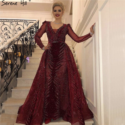 Vestido de noche de terciopelo rojo vino, mangas largas, diseño de lujo, con cuentas, vestido formal, talla grande 2025, LA60903 