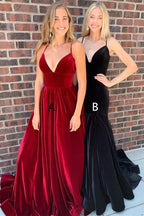 Robe de bal longue en velours, coupe trapèze, col en V, fines bretelles spaghetti, robe de soirée