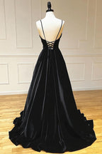 Robe de bal longue en velours, coupe trapèze, col en V, fines bretelles spaghetti, robe de soirée