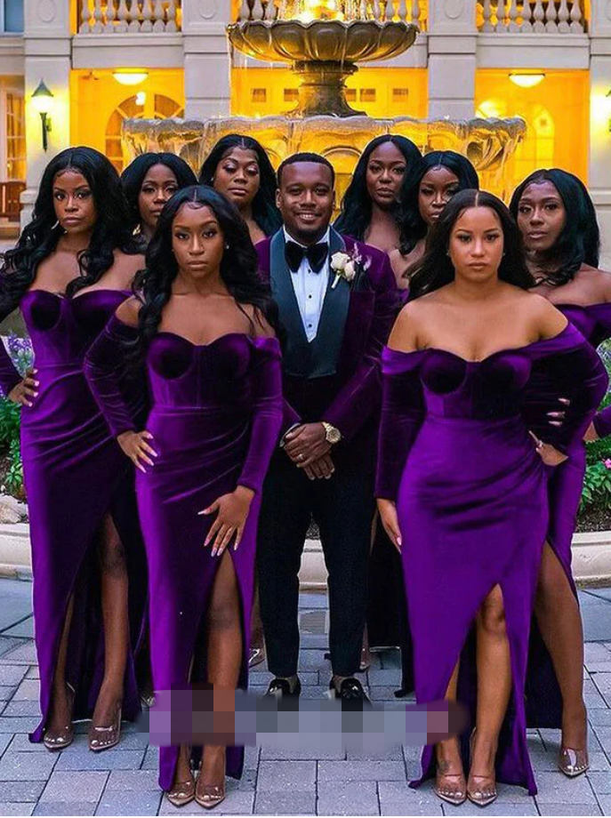 Baoleely Velvet Purple Bridesmaid Dresses Long Sleeves Mermaid Formal Wedding Guest Dress