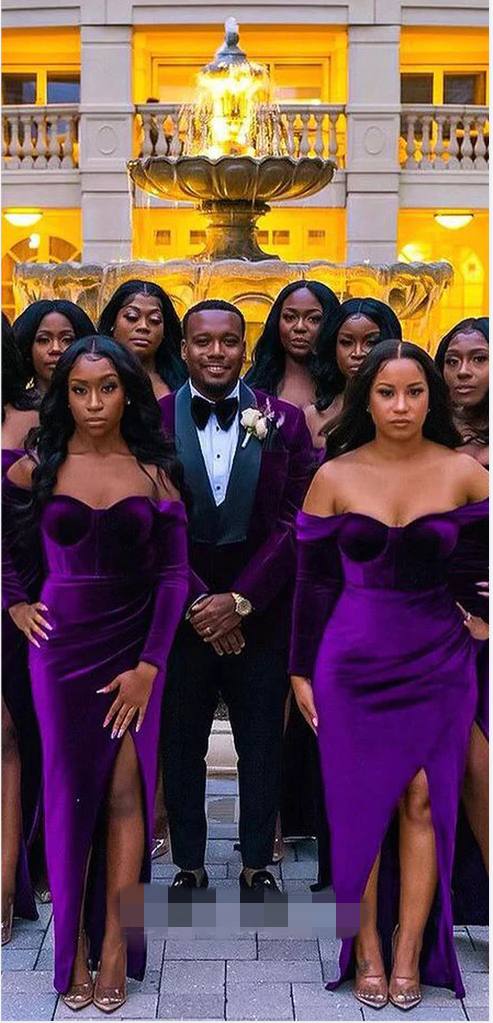 Baoleely Velvet Purple Bridesmaid Dresses Long Sleeves Mermaid Formal Wedding Guest Dress