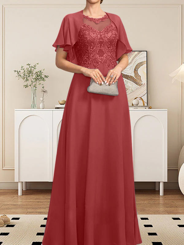Robe de mère de la mariée en mousseline de dentelle, coupe trapèze, décolleté illusion, longueur au sol, ornée de sequins