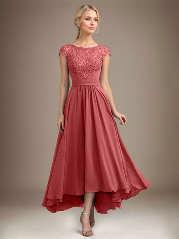 A-line Scoop Illusion Asymmetrical Lace Chiffon Mother of the Bride Dress With Pleated