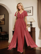 Combinaison-pantalon robe de soirée longue en mousseline à col en V