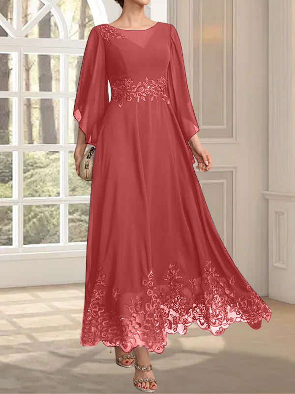 Robe de mère de la mariée en mousseline de dentelle, coupe trapèze, décolleté illusion, longueur cheville, ornée de sequins 