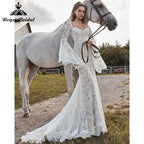 Vestido Boheme Sirena Boho Vestido de Novia Manga Larga Acampanada Espalda Descubierta Cuello en V Encaje Vestido de Novia Baoleely
