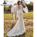 Vestido Boheme Sirena Boho Vestido de Novia Manga Larga Acampanada Espalda Descubierta Cuello en V Encaje Vestido de Novia Baoleely