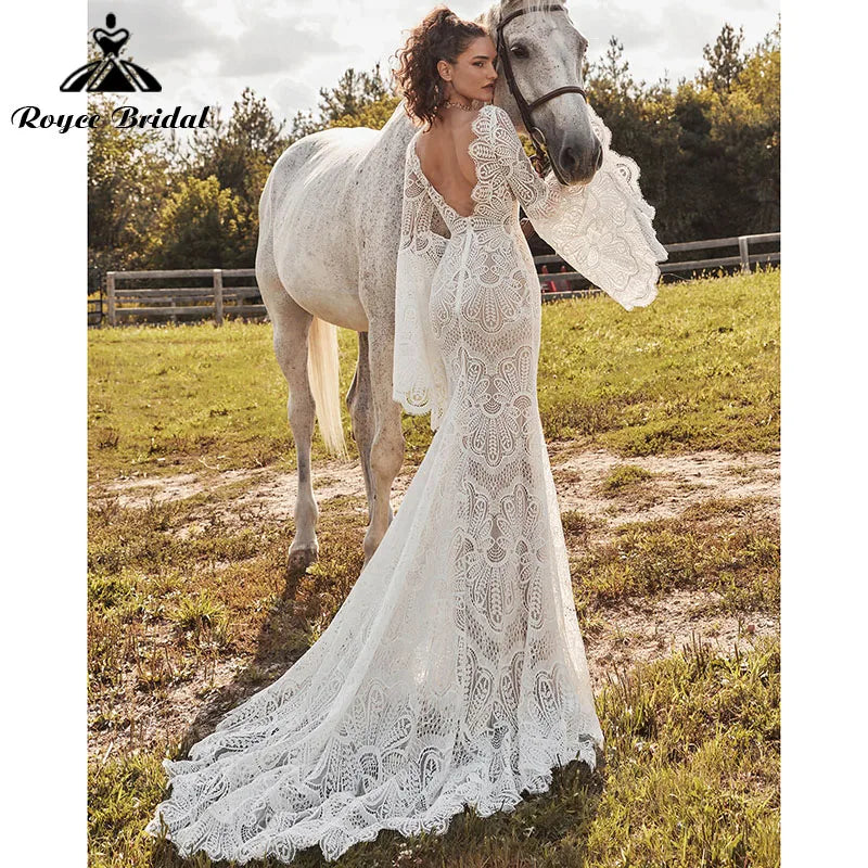 Vestido Boheme Sirena Boho Vestido de Novia Manga Larga Acampanada Espalda Descubierta Cuello en V Encaje Vestido de Novia Baoleely