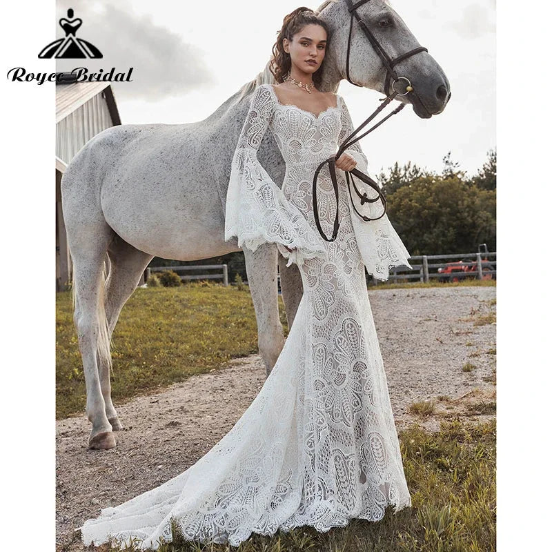 Vestido Boheme Sirena Boho Vestido de Novia Manga Larga Acampanada Espalda Descubierta Cuello en V Encaje Vestido de Novia Baoleely
