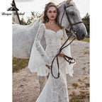 Vestido Boheme Sirena Boho Vestido de Novia Manga Larga Acampanada Espalda Descubierta Cuello en V Encaje Vestido de Novia Baoleely