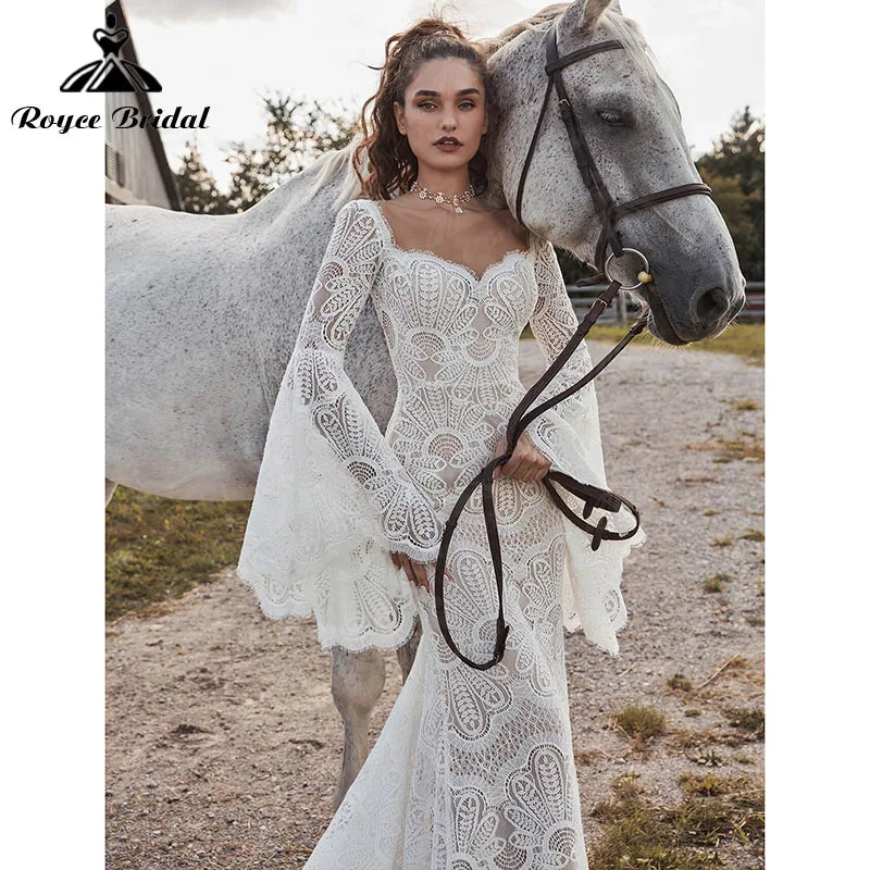 Vestido Boheme Sirena Boho Vestido de Novia Manga Larga Acampanada Espalda Descubierta Cuello en V Encaje Vestido de Novia Baoleely