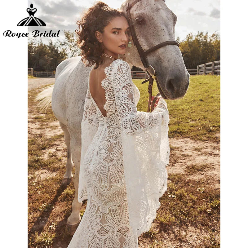 Vestido Boheme Sirena Boho Vestido de Novia Manga Larga Acampanada Espalda Descubierta Cuello en V Encaje Vestido de Novia Baoleely