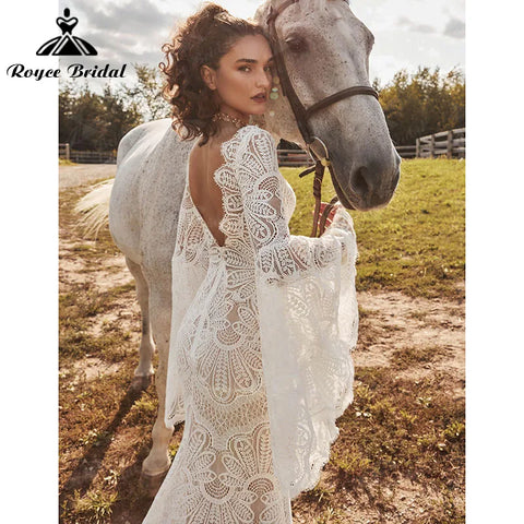 Vestido Boheme Mermaid Boho Wedding Dress Long Flare Sleeve Backless V Neck Lace Bridal Gown Vestido de Noiva Baoleely