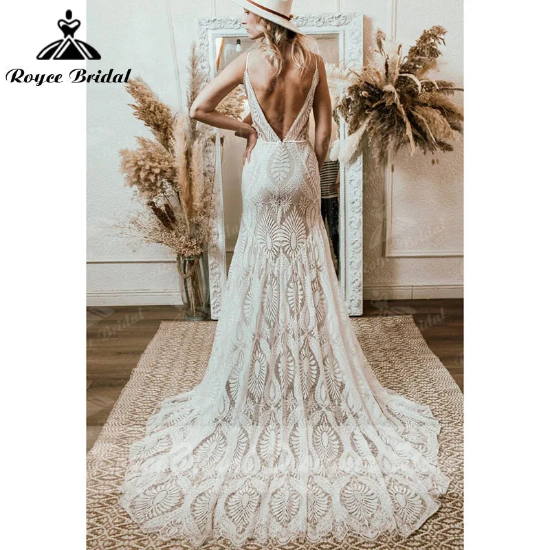 Vestido de novia bohemio, cuello en V, encaje, bohemio, tirantes finos, espalda descubierta, vestidos de novia de playa, Vestido de novia Baoleely