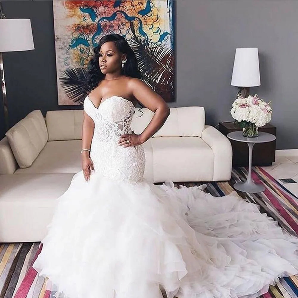 Vestidos De Novia Vintage Lace African Wedding Dresses Sweetheart Mermaid Back Lace Up Tiered Skirts Plus Size Bridal Gowns