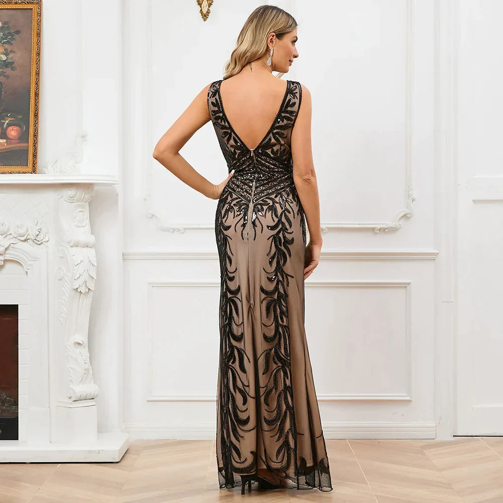 Vestidos largos de noche vintage para mujer, con lentejuelas y pedrería, cuello redondo, encaje, estilo formal, sexy, para fiestas y ocasiones especiales. 