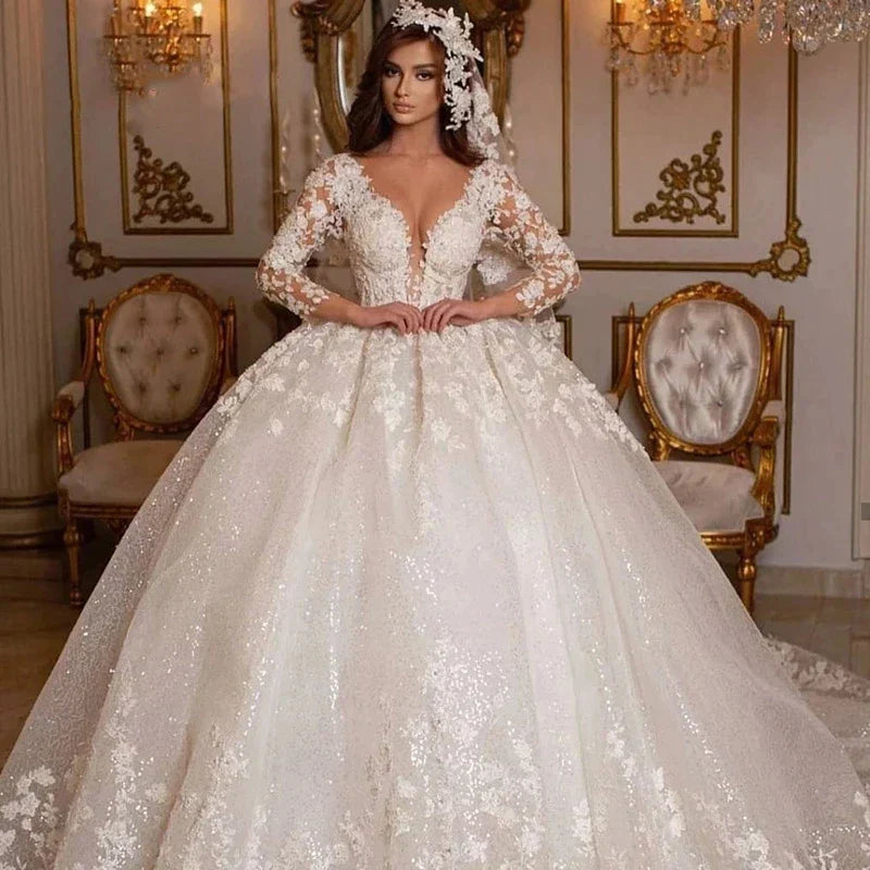 Vestido de novia vintage de encaje 2023, estilo princesa, con pedrería, mangas largas de tul brillante, color marfil, ideal para bodas en Dubái. 