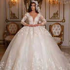 Vestido de novia vintage de encaje 2023, estilo princesa, con pedrería, mangas largas de tul brillante, color marfil, ideal para bodas en Dubái. 