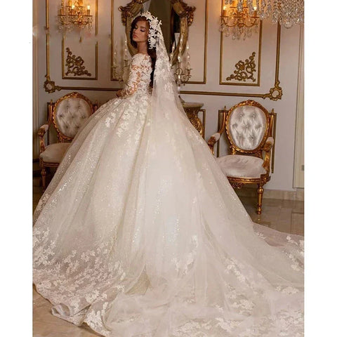 Lace Wedding Dresses Princess Ball Gown Beading Bridal Gowns Shinny Tulle Long Sleeves Ivory Dubai Marriage Dress