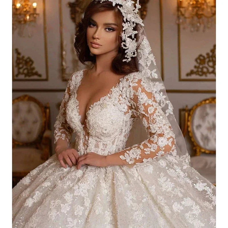 Vestido de novia vintage de encaje 2023, estilo princesa, con pedrería, mangas largas de tul brillante, color marfil, ideal para bodas en Dubái. 