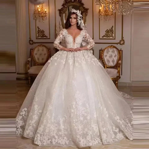 Lace Wedding Dresses Princess Ball Gown Beading Bridal Gowns Shinny Tulle Long Sleeves Ivory Dubai Marriage Dress