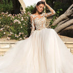 Robes de mariée bohèmes vintage pour femmes, élégance 2023, style princesse de plage, coupe trapèze, manches longues, corsage illusion, robes de mariée champêtres