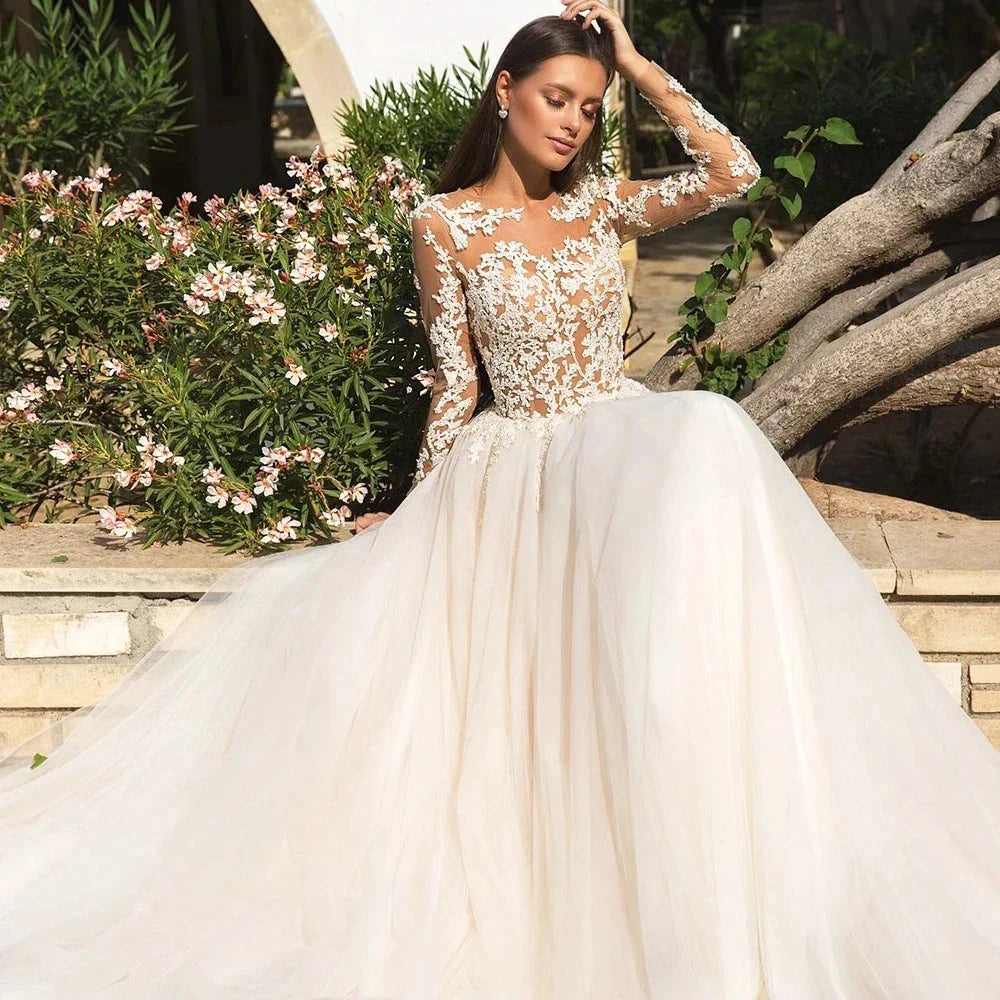 Robes de mariée bohèmes vintage pour femmes, élégance 2023, style princesse de plage, coupe trapèze, manches longues, corsage illusion, robes de mariée champêtres