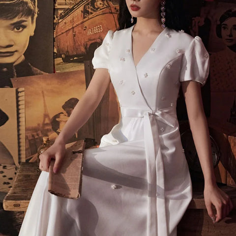 Elegant V-neck Wedding Party Dresses Belt Lace Up Slim Waist Pull Sleeve Evening Dress Simple Beading French Chic Robe