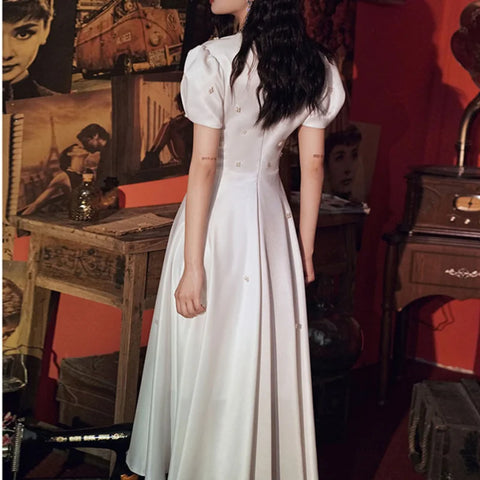 Elegant V-neck Wedding Party Dresses Belt Lace Up Slim Waist Pull Sleeve Evening Dress Simple Beading French Chic Robe