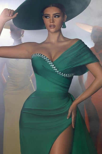 Vestido de fiesta vintage largo verde de sirena con un solo hombro, bordado con cuentas y abertura