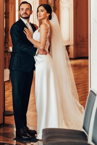 Vestidos de novia vintage largos de sirena, sin mangas, con cuentas y encaje.